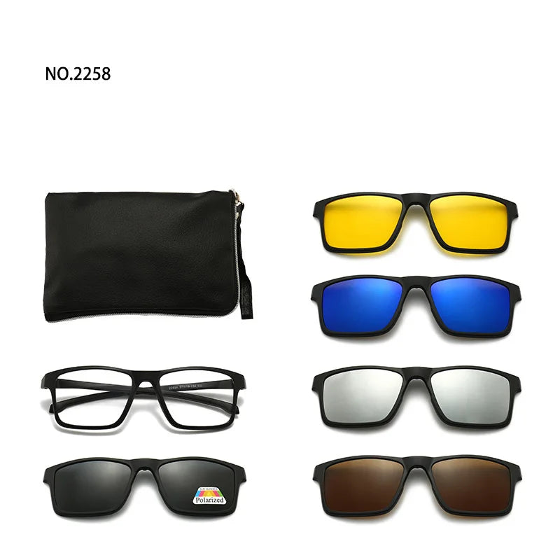 6 In 1 Spectacle Frame Men Women with Clip On Polarized Sunglasses