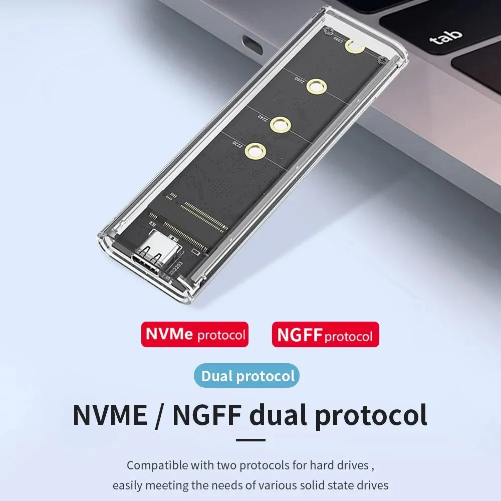 M.2 NVME PCIe NGFF SATA Dual Protocol SSD Case Clear USB Type C 10Gbps External Enclosure