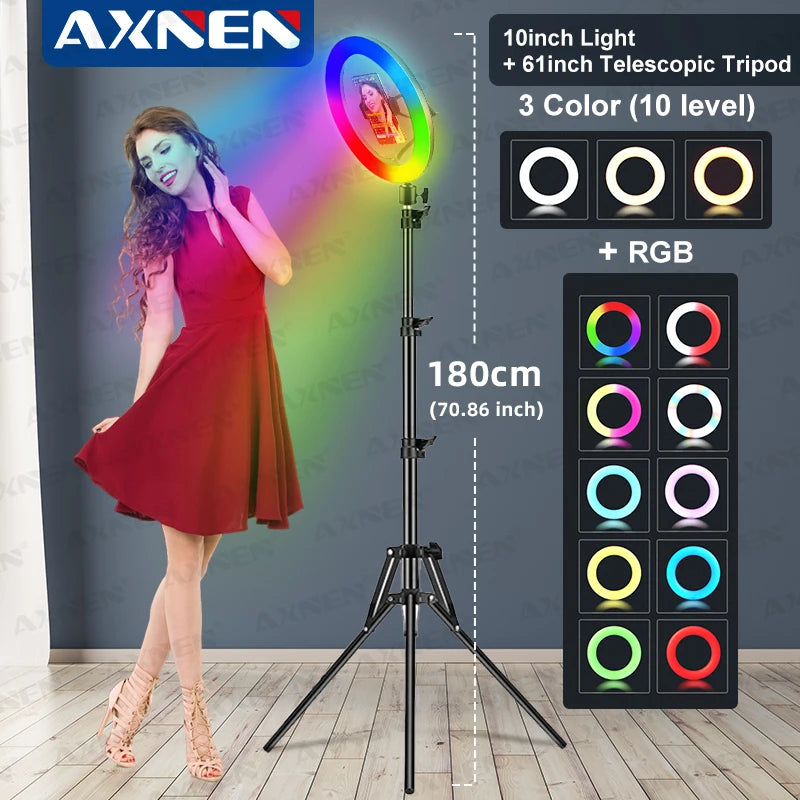 10in 26cm RGB Selfie Ring Light with Tripod Phone Holder