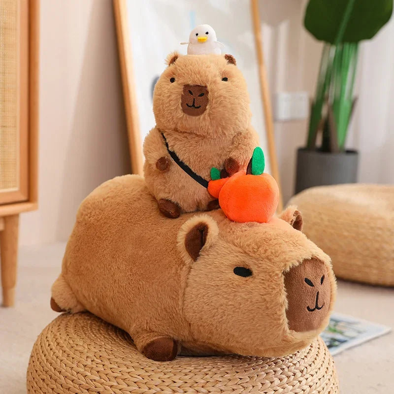 Strawberry Hat Capybara Plush Toy with Turtle Backpack Pendant