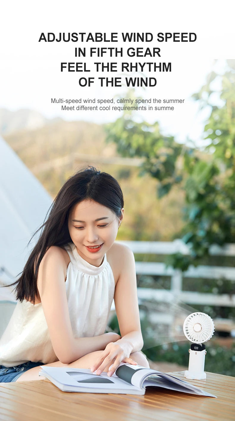 USB Handheld Mini Fan Foldable Portable Neck Hanging Fan 5 Speed Rechargeable with Phone Stand and Display Screen