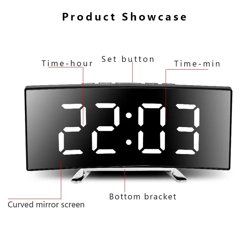 Creative Curved Electronic Clock LED Large Screen Mirror Alarm Clock for Students