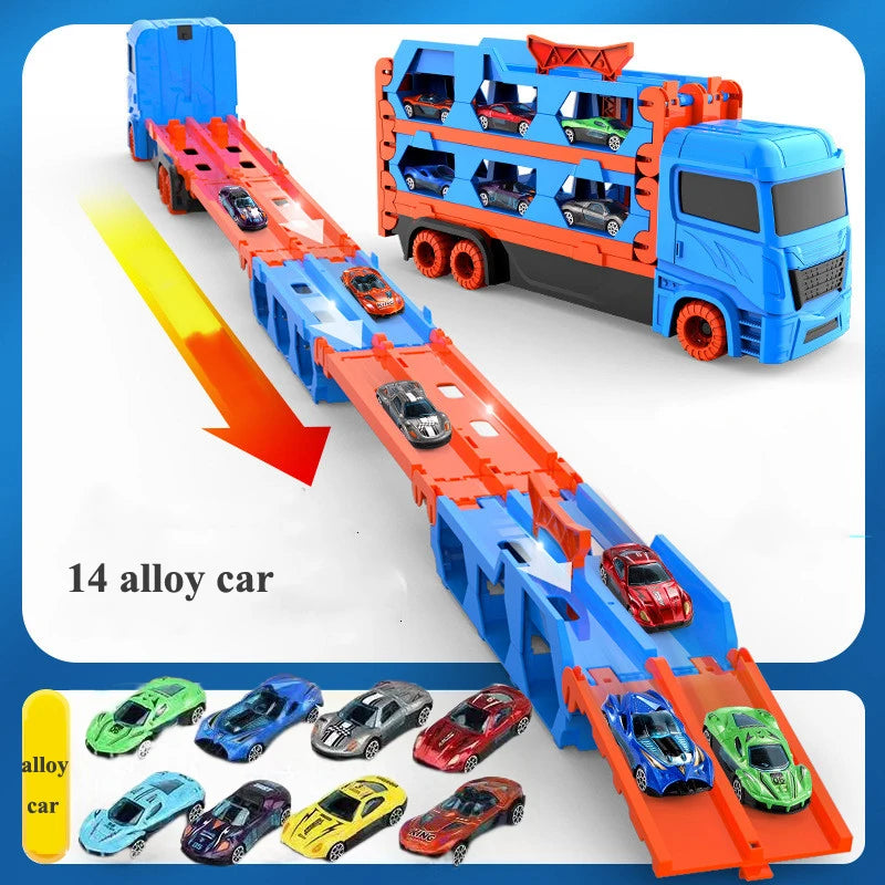 Large Car Transporter Truck with Folding Track and Racing Vehicles for Kids - Competitive Games and Storage Alloy Car Toy - Perfect Gift for Boys
