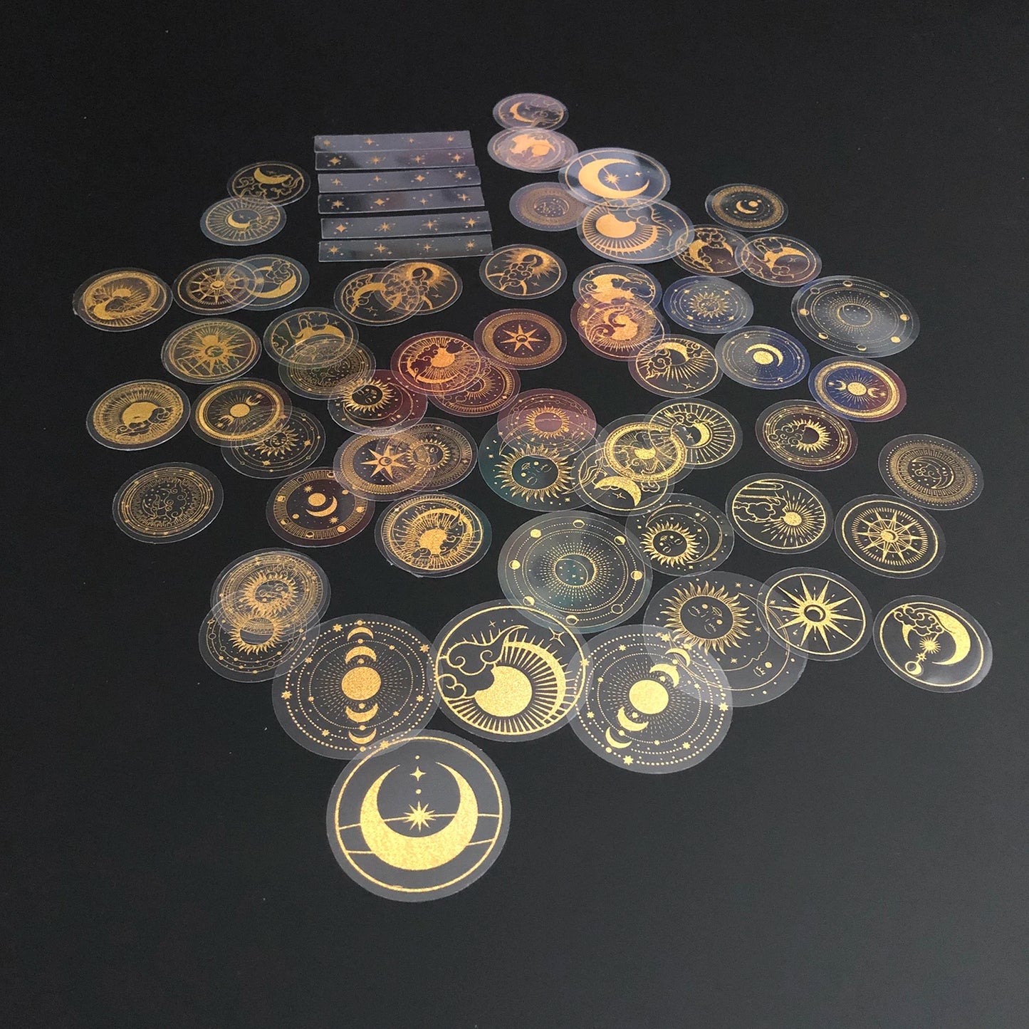 70 Pcs Glitter Gold PET Adhesive Stickers Waterproof Transparent Label Sun Moon Stars Design