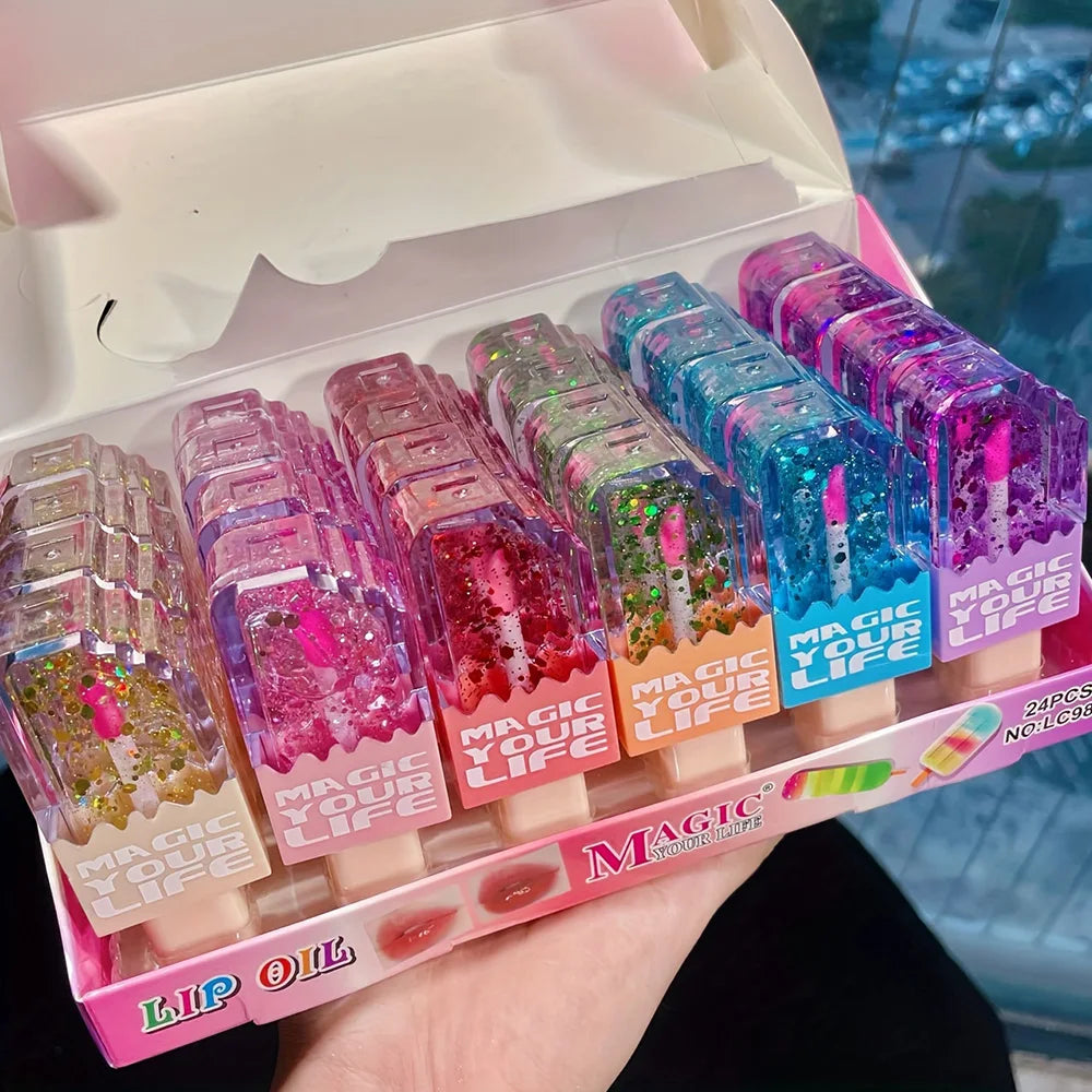 24 Piece Kawaii Cat Sequin Lip Oil Set Color Changing Love Shape Lip Gloss Natural Moisturizing Makeup Gift for Girls