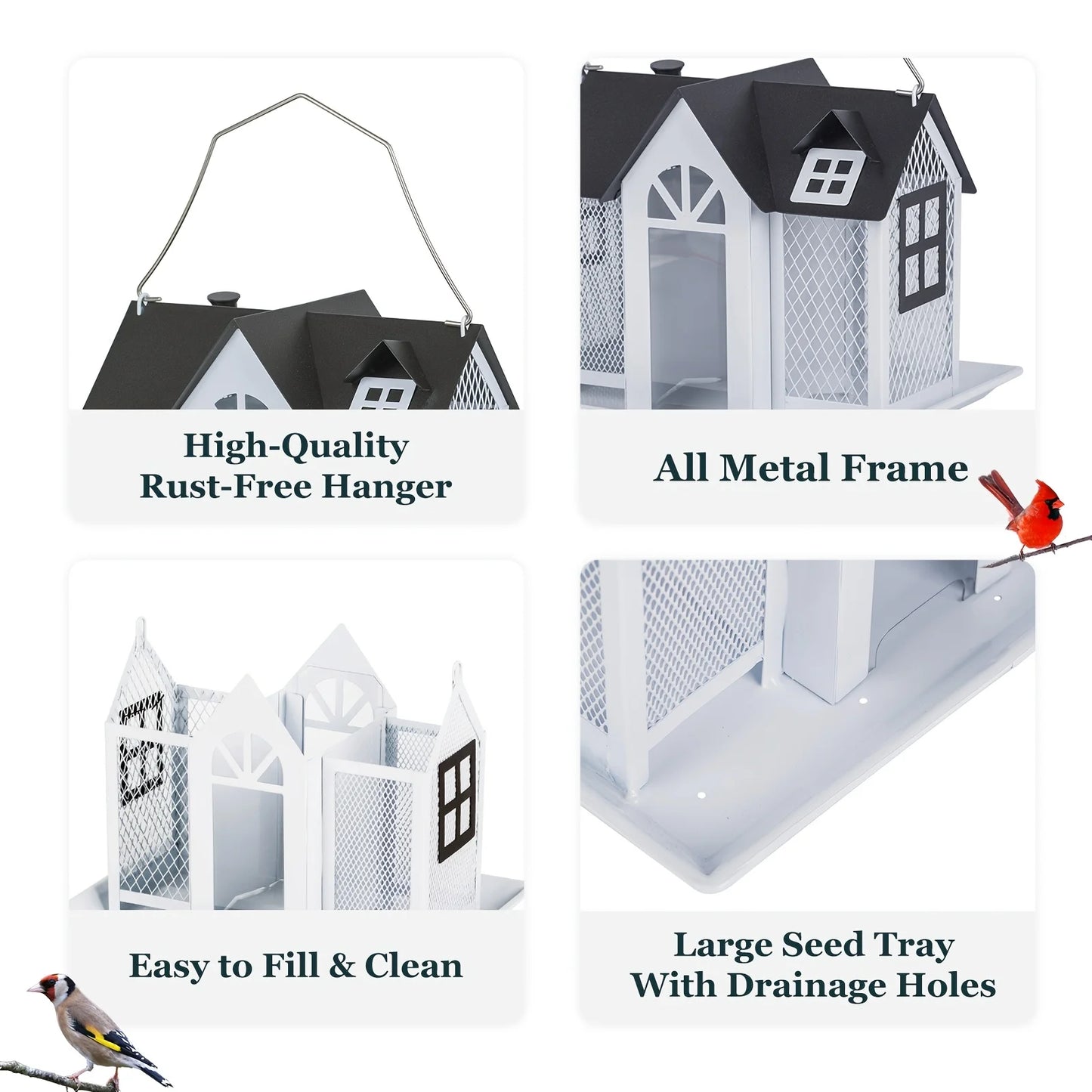 Spacious metal mesh bird feeder with triple compartments. Durable, easy to hang outdoors. Perfect gift for bird lovers.