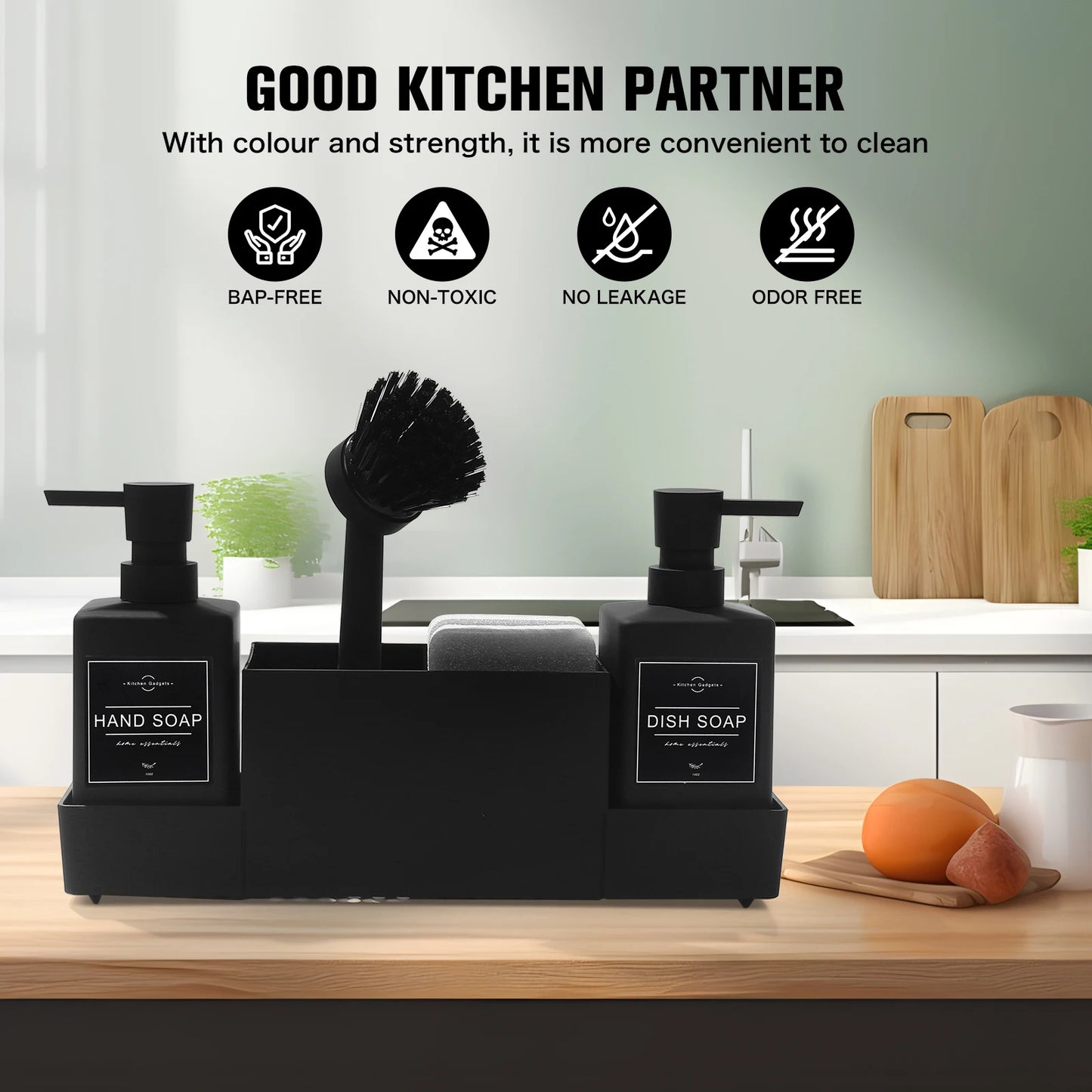 Matte Black Kitchen Soap Dispenser and Sponge Holder Set for Sink Caddy with Hand Soap and Dish Soap Storage