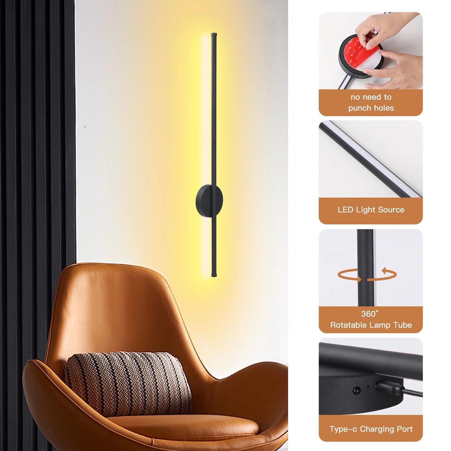 Rechargeable Wireless LED Wall Sconce Modern 50cm 80cm Bedside Night Lamp with Remote Control for Bedroom