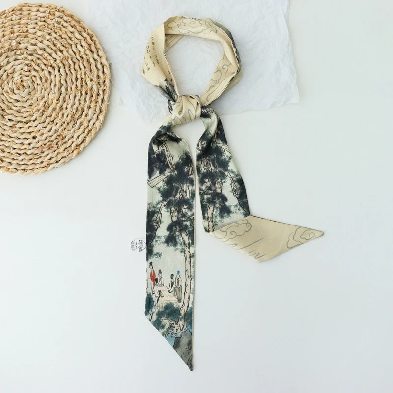 Retro Print Long Skinny Neckerchief Scarves for Women