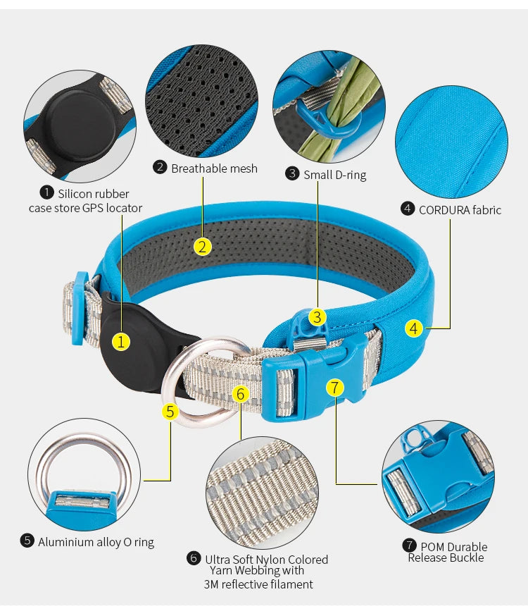 Personalized Adjustable Nylon Reflective Dog Collar with AirTag Holder for Small Medium and Large Dogs