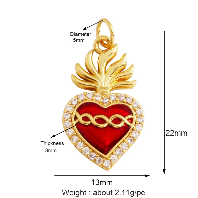New Sacred Red Heart Charm Pendant 18K Gold Plated Zircon