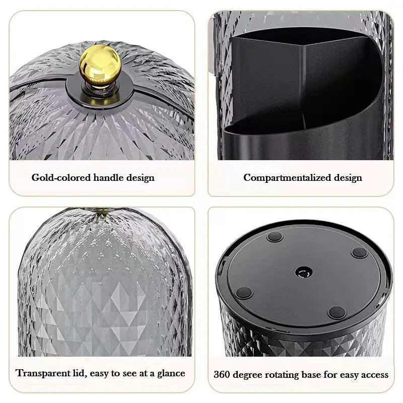 Makeup Brush Holder with Lid Diamond Birdcage 360 Rotating Organizer