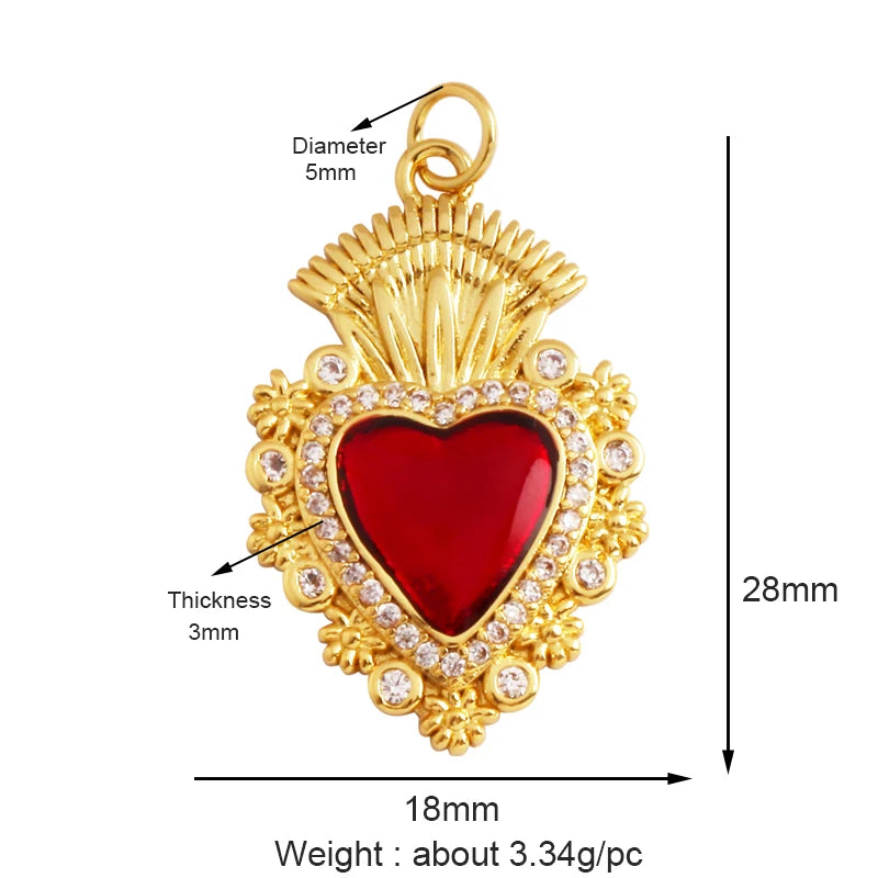 New Sacred Red Heart Charm Pendant 18K Gold Plated Zircon
