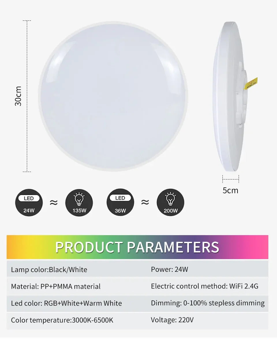 Tuya Smart WiFi BLE LED Ceiling Light 24W RGBCW Lamp
