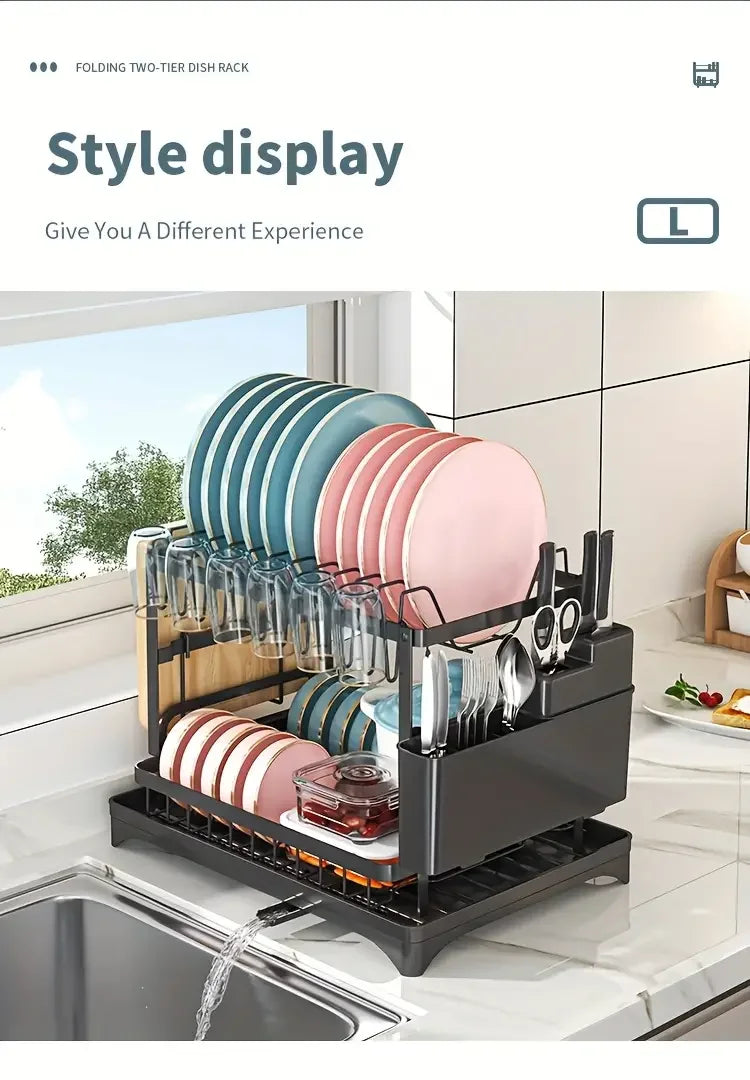 2 Tier Large Stainless Steel Dish Drying Rack with Drainboard for Kitchen Counter - Multifunctional Dish Drainer for Plates and Cups