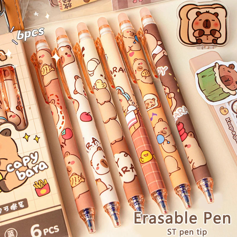 6Pcs Cute Capybara Erasable Pens Blue Ink Quick-Drying Stationery