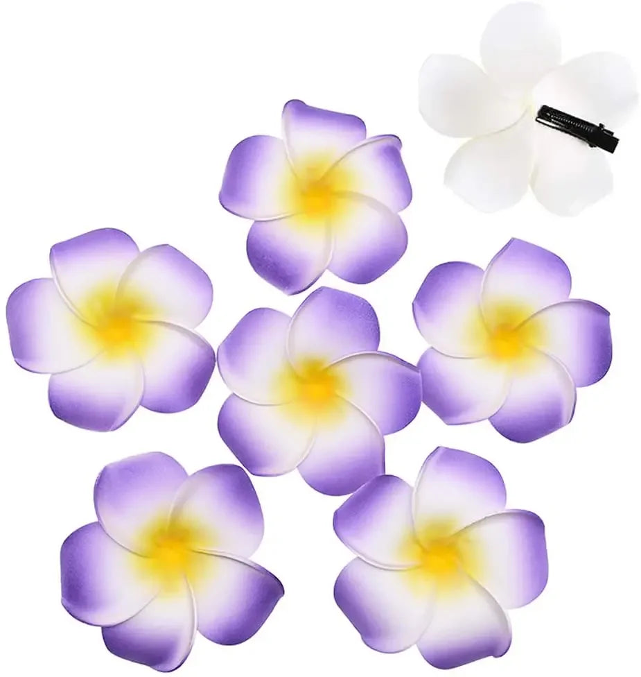 50Pcs 2.4 Inch White Foam Hawaiian Frangipani Artificial Plumeria Flower Hair Clips for Tropical Home Decor and Beach Party Decorations