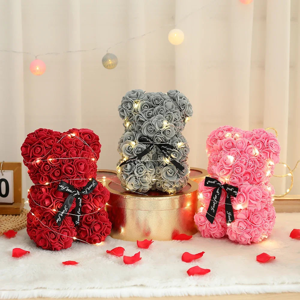 25cm Artificial Rose Teddy Bear Gift Box for Romantic Occasions Valentine's Day Anniversary Wedding Party Supplies