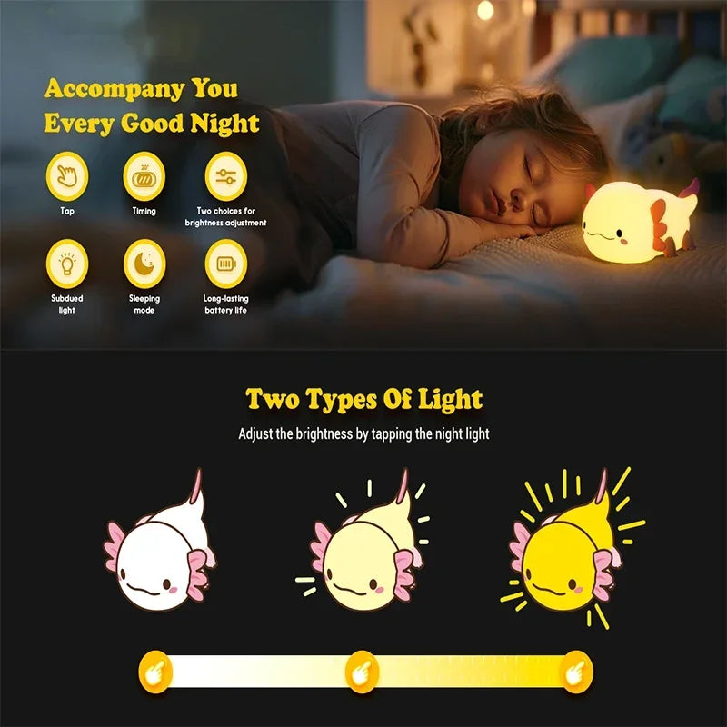 Cute Axolotl Night Light Silicone Table Lamp USB Rechargeable