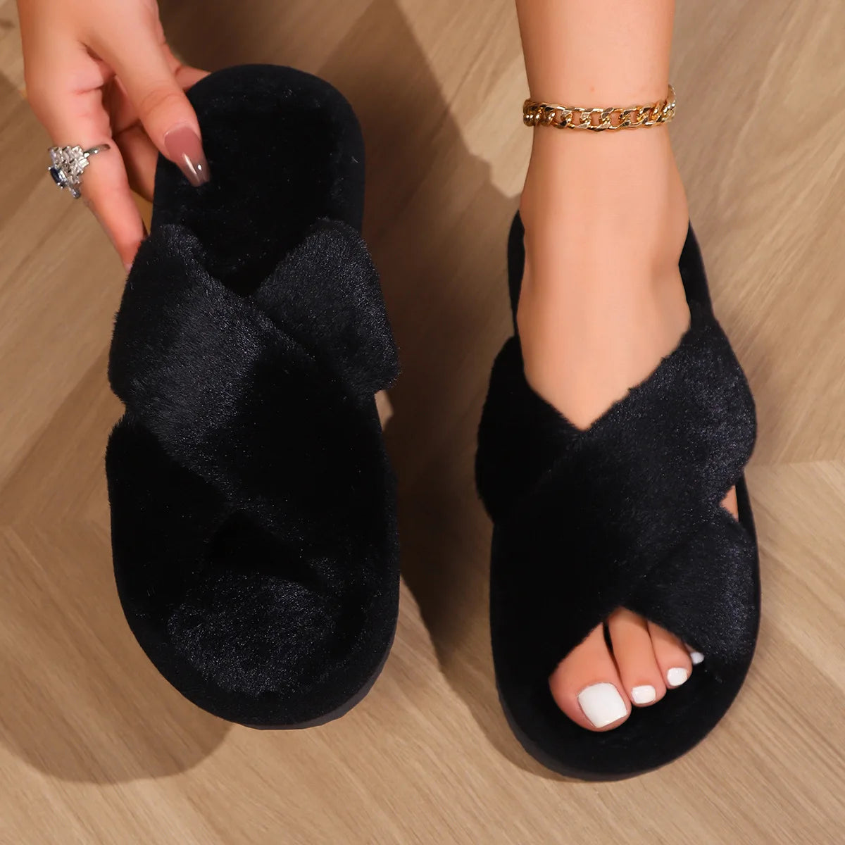 Winter Cross Imitation Rabbit Fur Slippers for Women