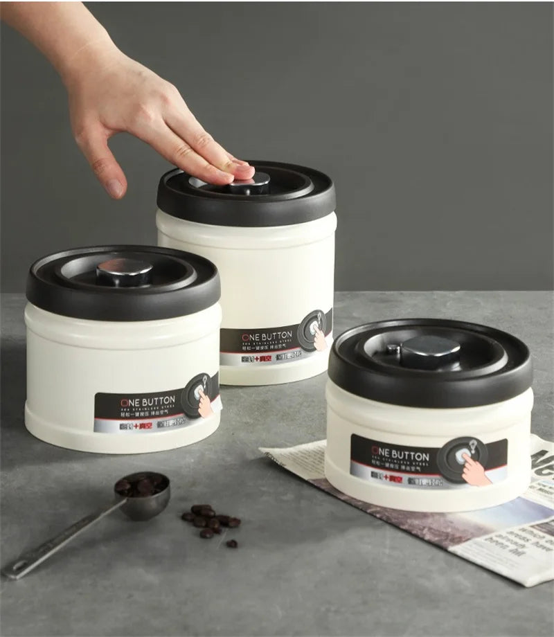 Coffee Bean Vacuum Sealed Canister 304 Stainless Steel Press Type Storage for Grains Tea and Nuts Kitchen Crisper Box