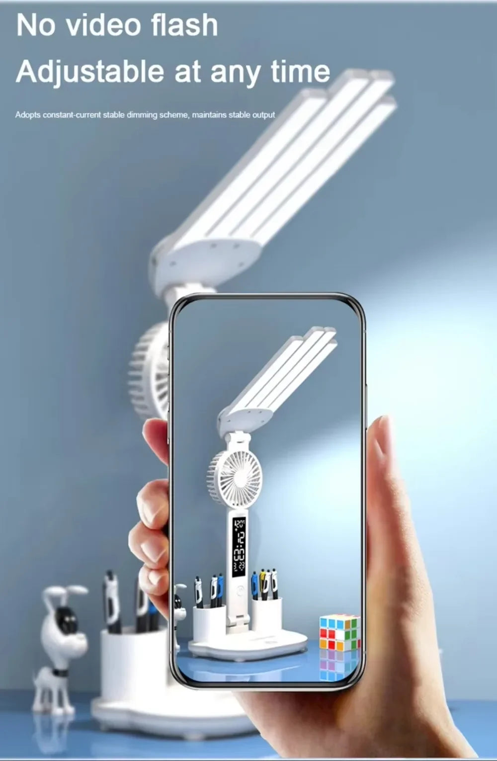 Multifunctional 3 Color LED Desk Lamp with Clock Fan and USB Charging Four Headed Folding Design