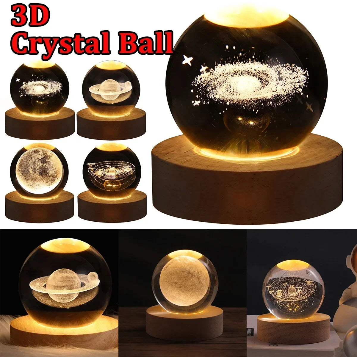 Crystal Ball LED Night Light 3D Saturn Solar System Lamp