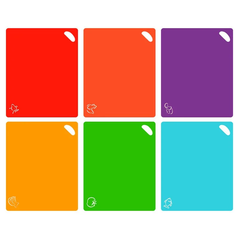 6 Piece Colorful Flexible Plastic Non-Slip Chopping Boards with Food Icons for Easy Kitchen Prep
