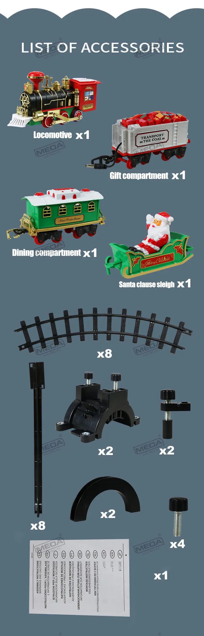 Battery Operated Christmas Train Set with Sound and Light Decorative Railway Car Toys for Kids