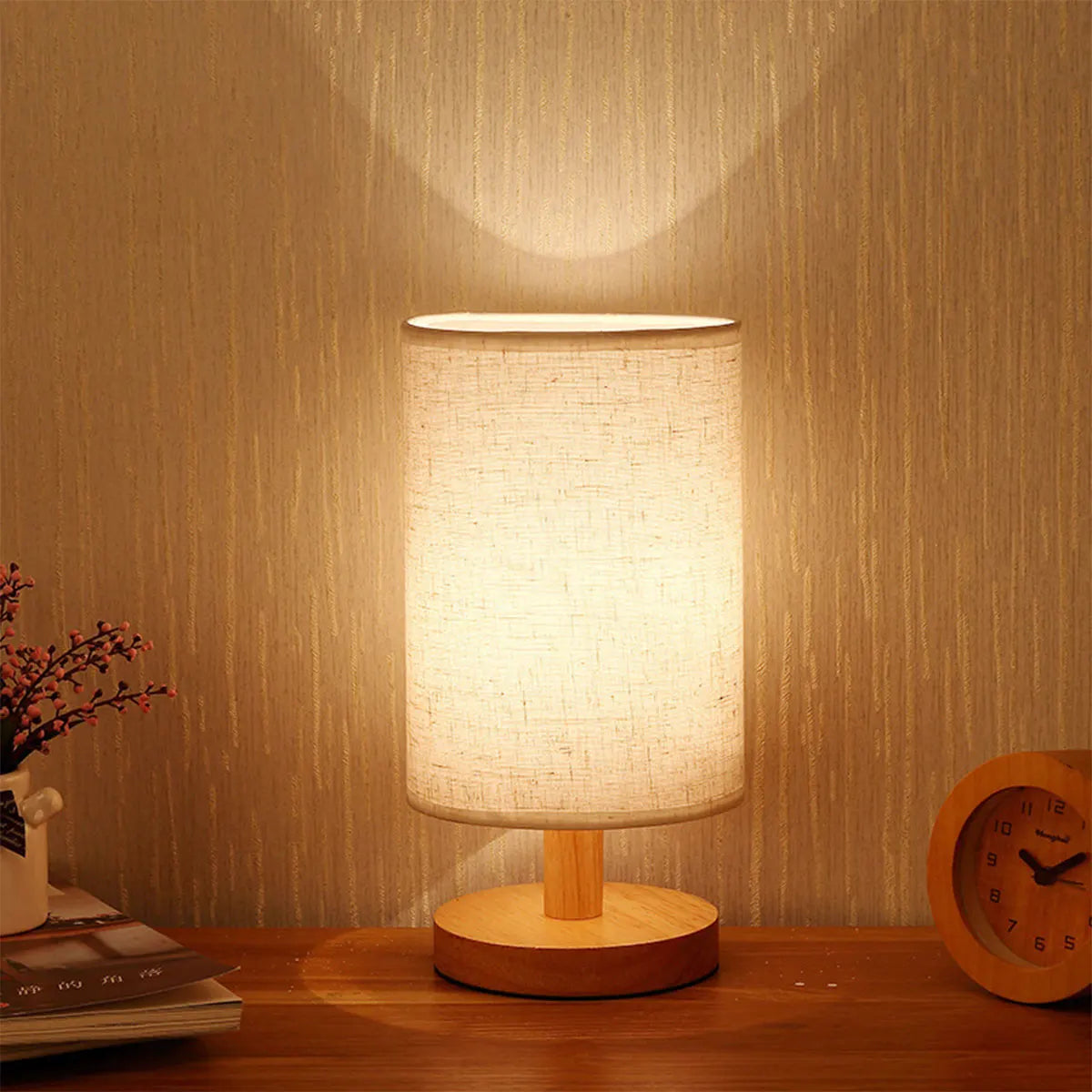 USB Wooden Bedside Lamp with Cylinder Shade Night Light for Bedroom Home Decor