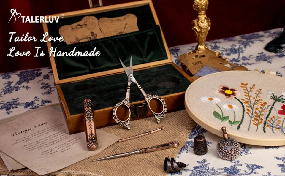 Vintage Sewing Kit Complete European Style Antique Embroidery Scissors Set with Needles and Craft Supplies for DIY Projects