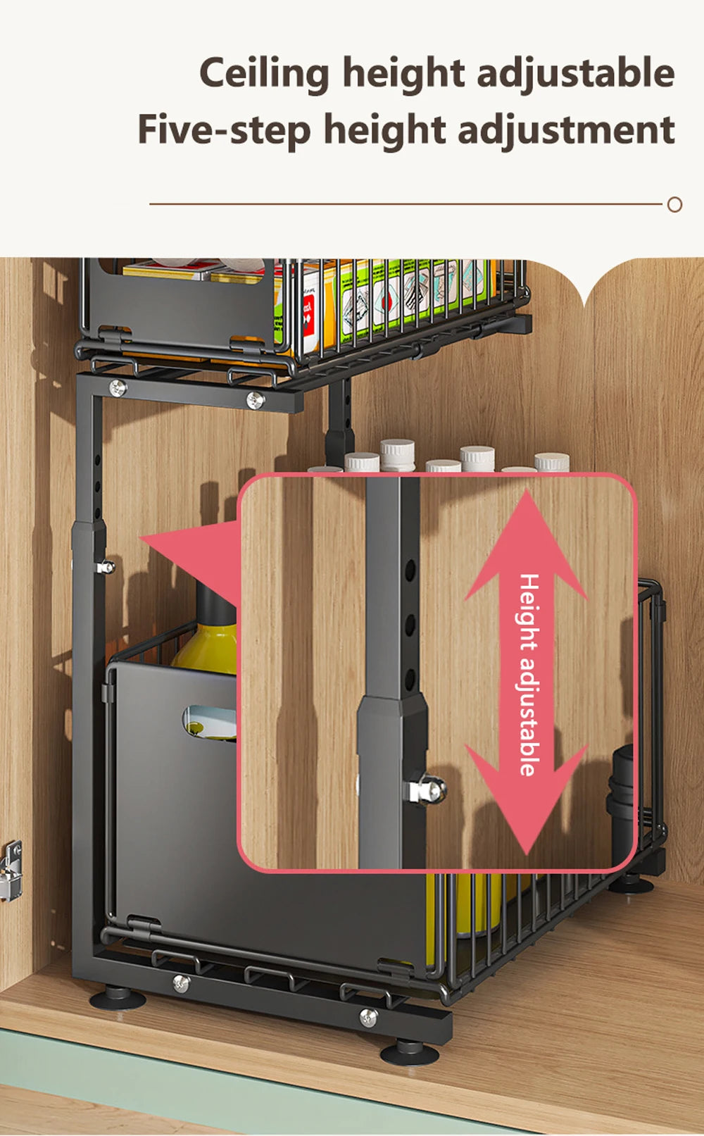 2 Tier Pull Out Cabinet Organizer Adjustable Kitchen Storage Rack