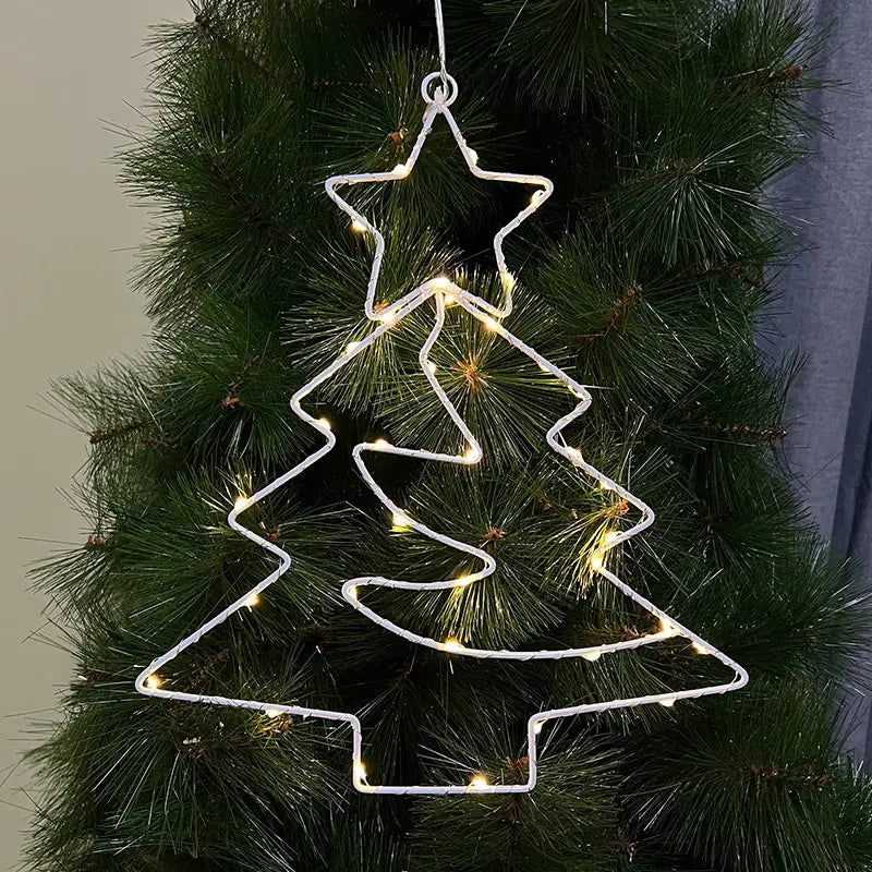 Xmas Tree Iron Frame LED Light String Window Hanging Ornament for 2024 Christmas and 2025 New Year Home Decoration