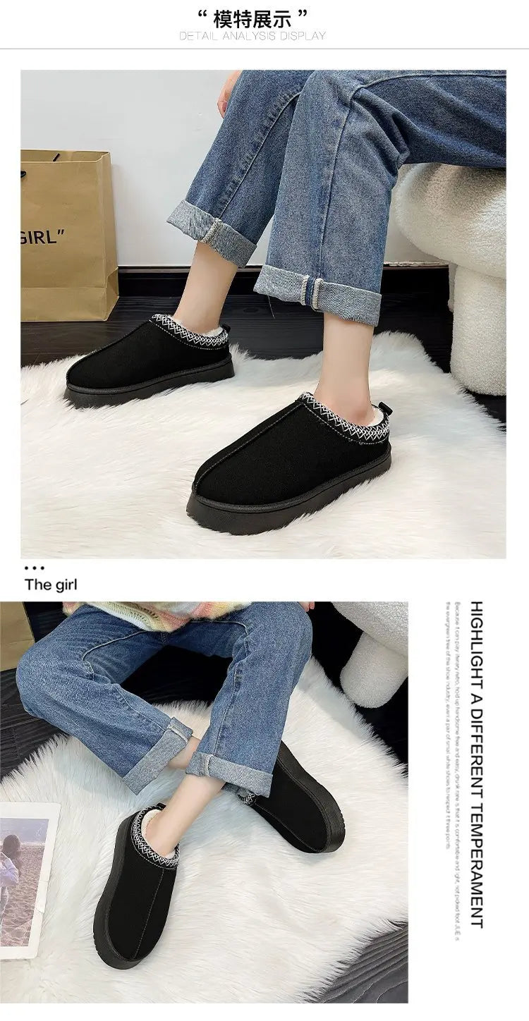 Women's Wool Slippers Warm Sheepskin Platform Shoes 2024
