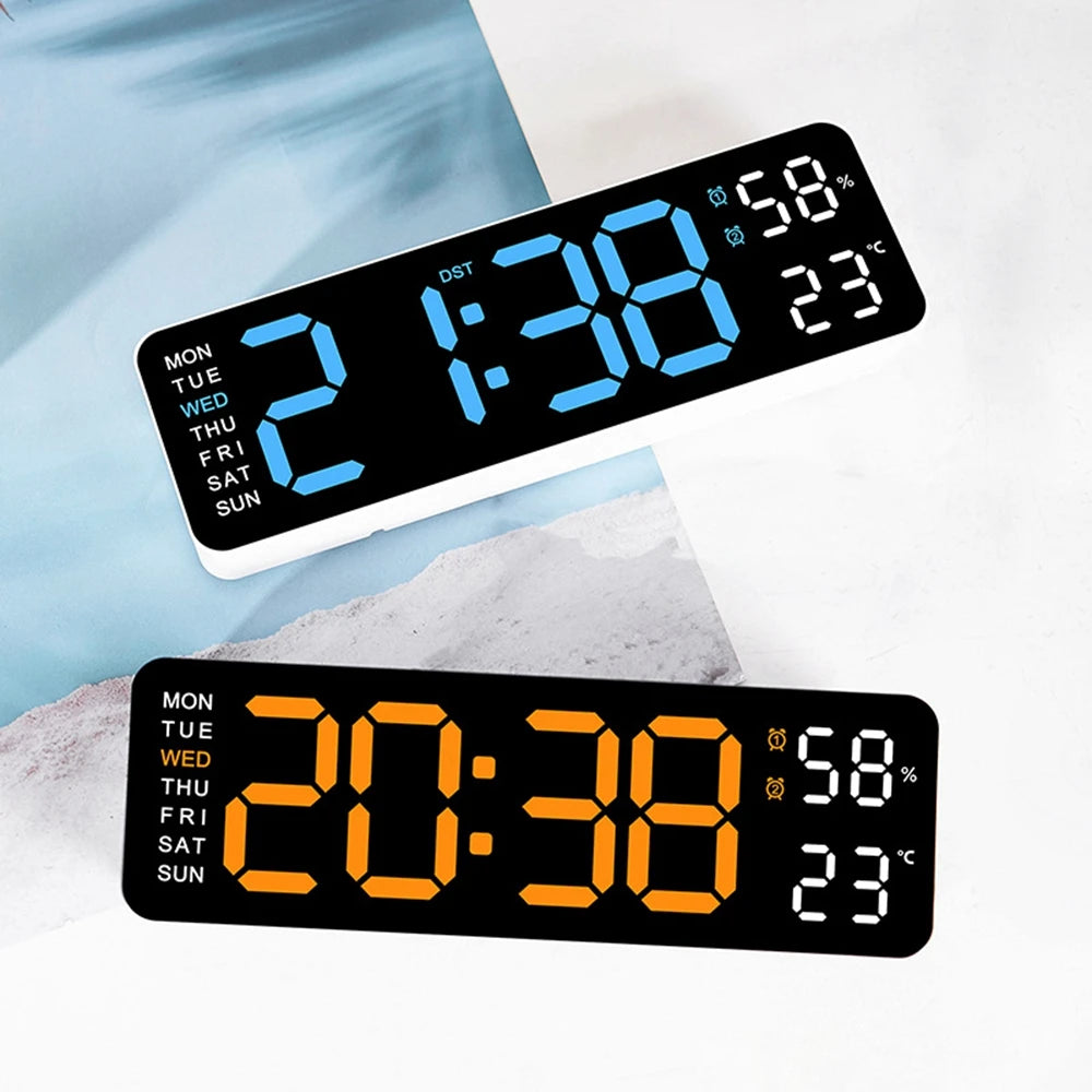 Large Digital Wall Clock with Temperature and Humidity Display Adjustable Brightness LED Alarm Clock 12/24 Hour Format