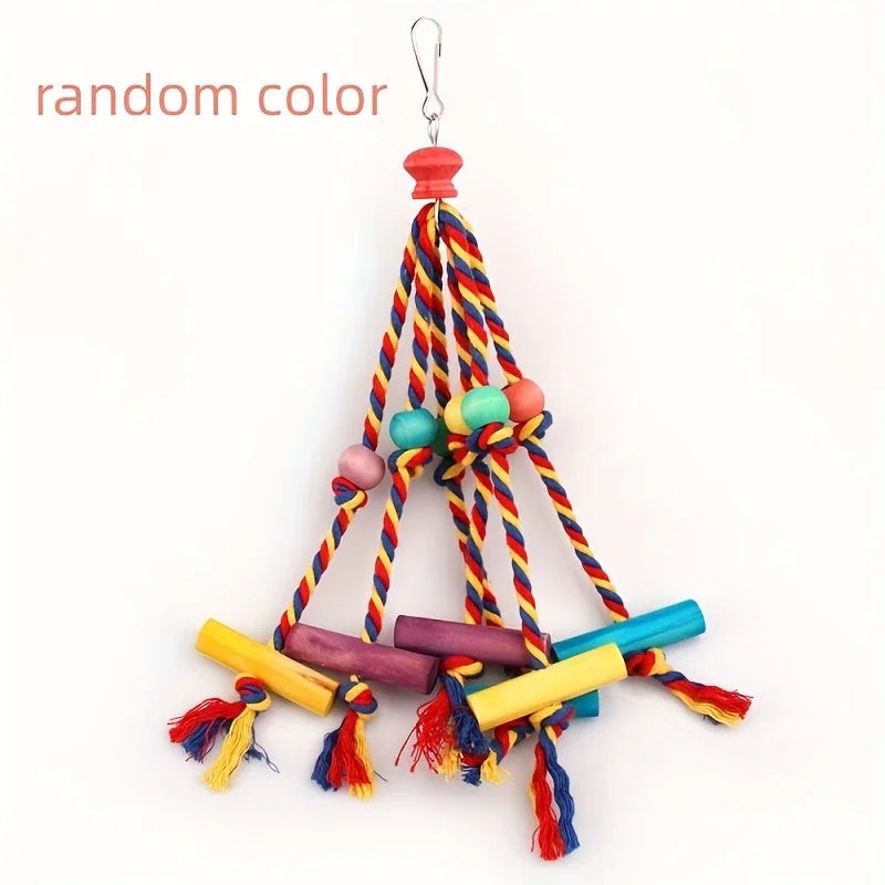 Wood Parrot Toys Bird Toys Colorful Bead Wooden Funny Training Bird Toys Cotton Rope Parrot Toy Bite Resistant Bird Tearing Toy