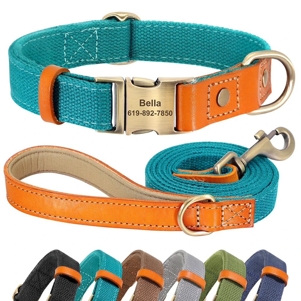 Nylon Custom Dog Collar and Leash Set with Personalized Genuine Leather Nameplate ID Tag for Puppies