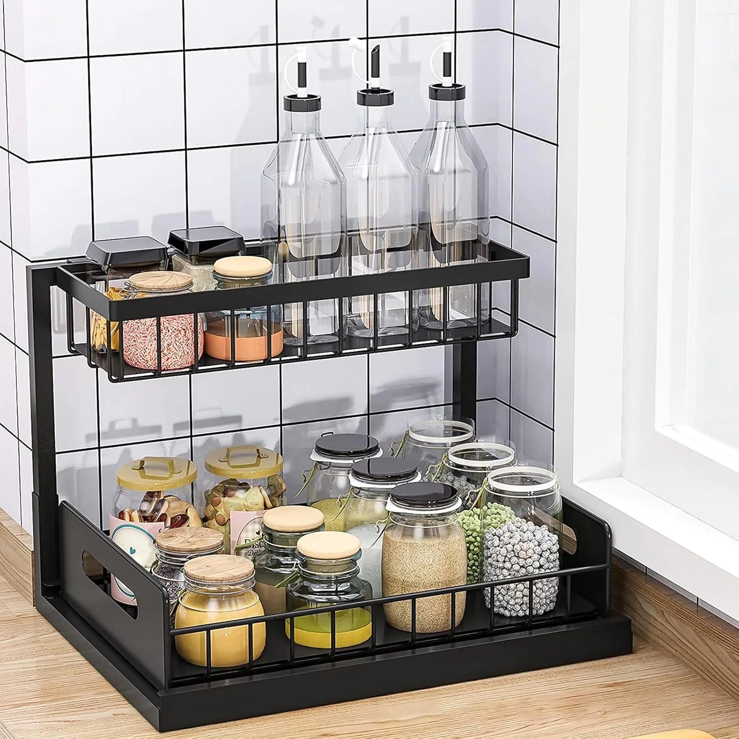 2 Tier Under Sink Organizers with Sliding Drawer for Bathroom and Kitchen Storage
