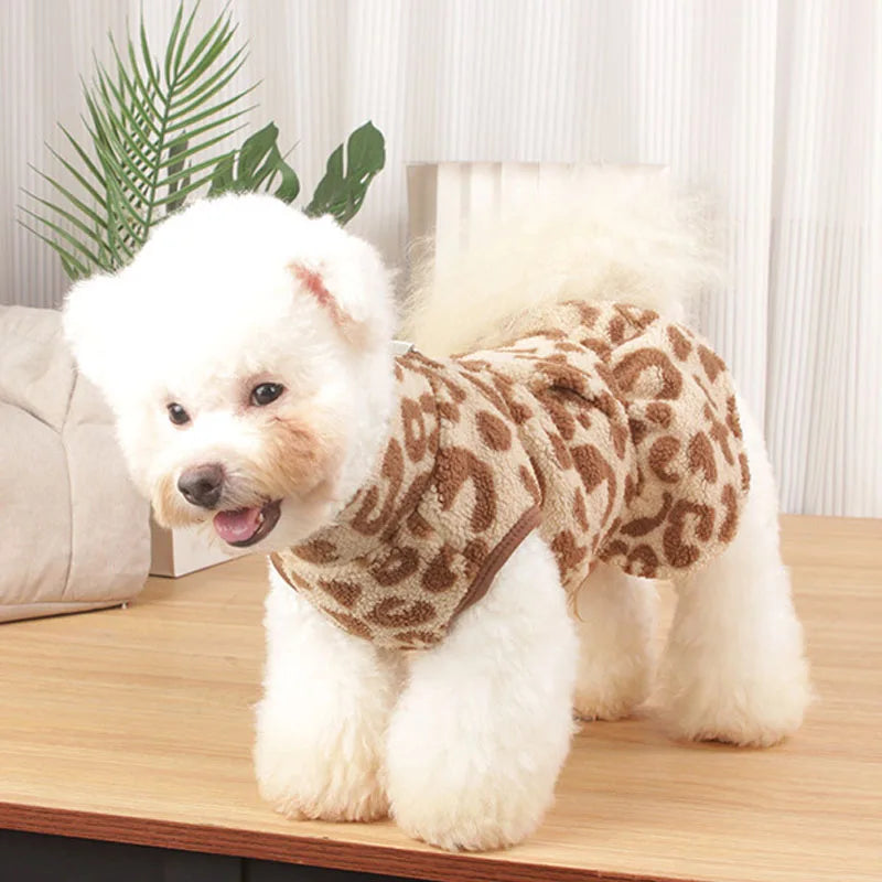 Leopard Dog Dress Coat Winter Fleece Pullover Sweatshirt Pet Clothes Sleeveless Vest Hoodies Puppy Skirt For Small Dogs Chiwawa
