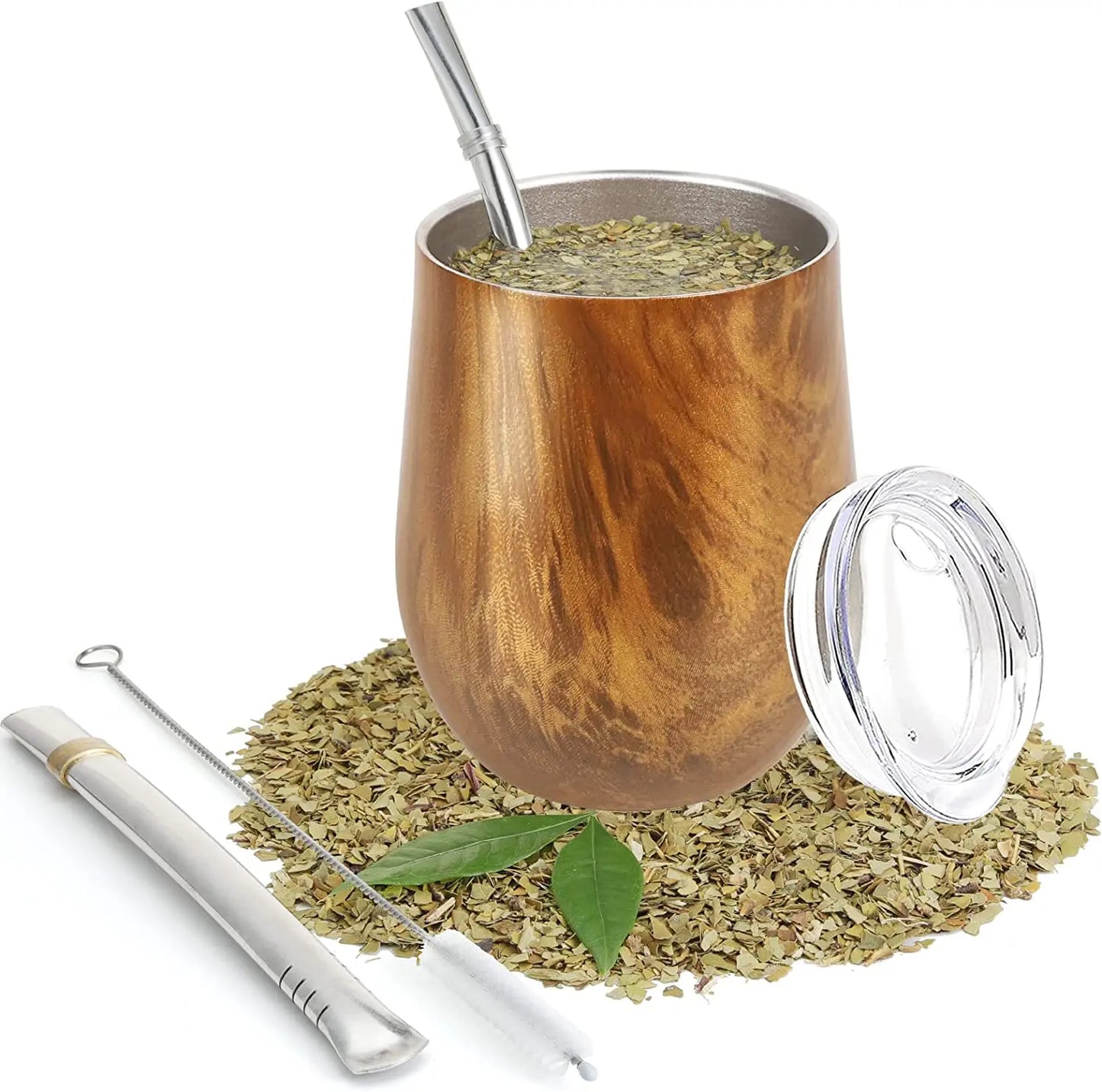 Yerba Mate Natural Gourd Tea Cup Set With Lid 230ML Includes 2 Bombillas