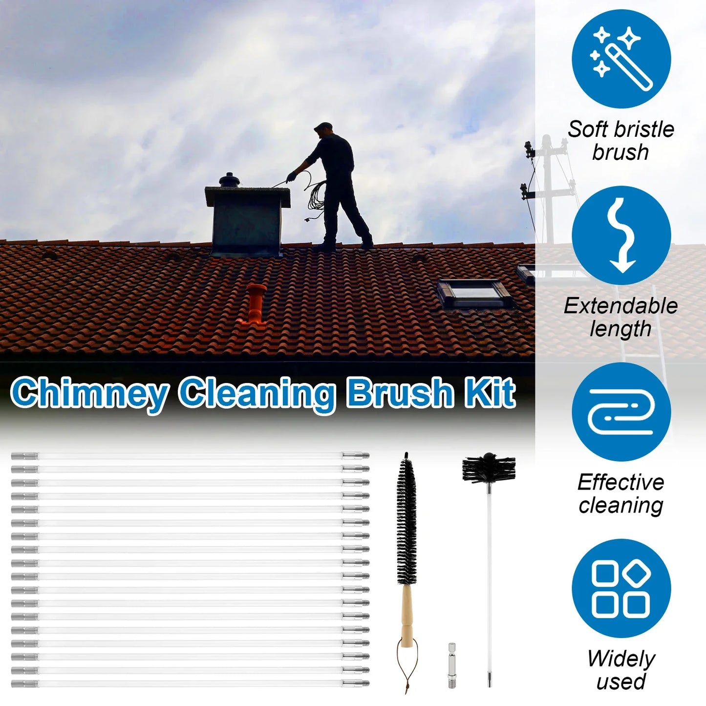 Chimney Cleaning Brush Set with Extendable Long Handle and Flexible Rods 9 to 18 Pieces for Efficient Chimney and Roof Cleaning