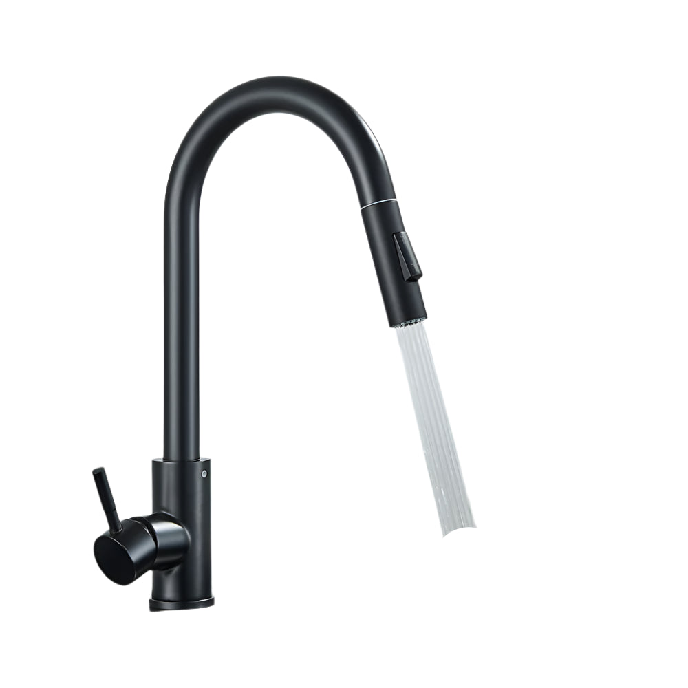 Grifo de cocina negro de dos funciones, monomando, extraíble, mezclador, grifos de agua fría y caliente, montados en la cubierta