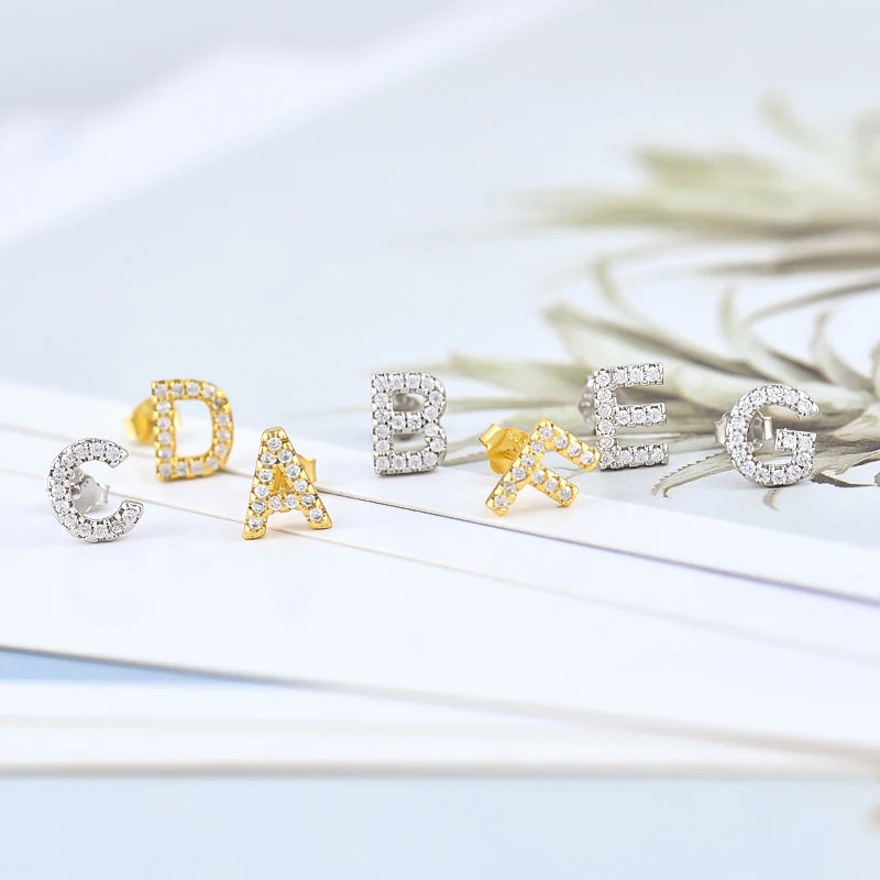 Simple Metal 925 Sterling Silver Letter Earrings with Zircon