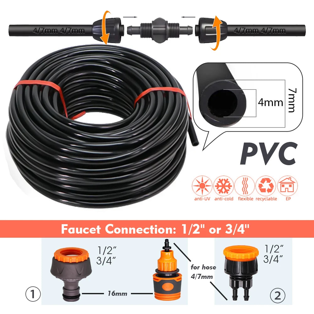 Garden Misting Irrigation Kit 10/20/30M 1/4 Inch Hose with Brass Nozzle for Balcony Greenhouse and Lawn Cooling