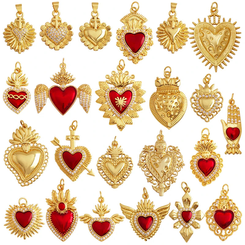 New Sacred Red Heart Charm Pendant 18K Gold Plated Zircon
