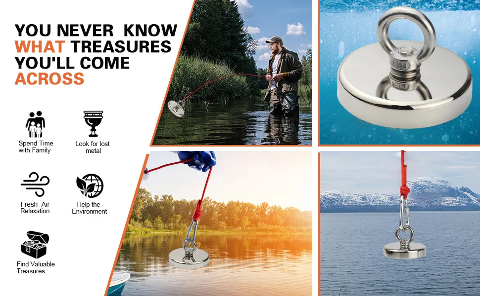 Imanes de pesca de neodimio superresistentes N52 Imanes de alta resistencia con perno de ojo con orificio avellanado Imanes de búsqueda de salvamento