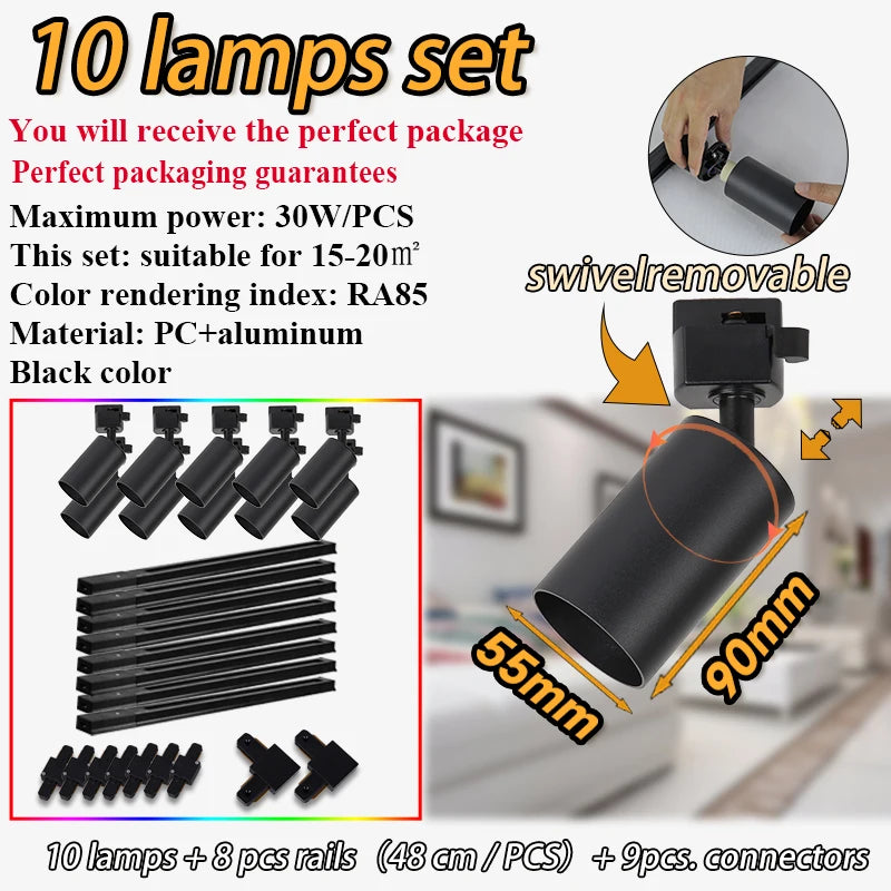 Dimmable GU10 Track Light Set Smart Home Spotlights Adjustable Ceiling Rail Lighting for Kitchen and Living Room