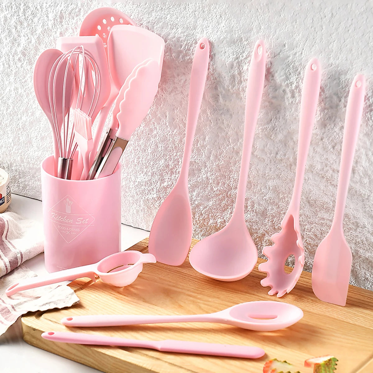 15 Piece Pink Silicone Kitchen Utensil Set with Storage Bucket Non-Stick Cooking Tools