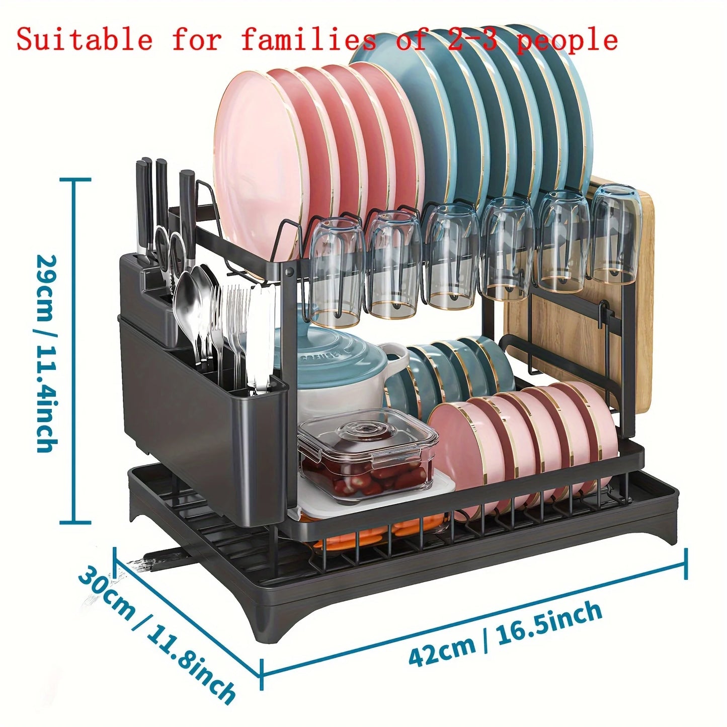 2 Tier Large Stainless Steel Dish Drying Rack with Drainboard for Kitchen Counter - Multifunctional Dish Drainer for Plates and Cups