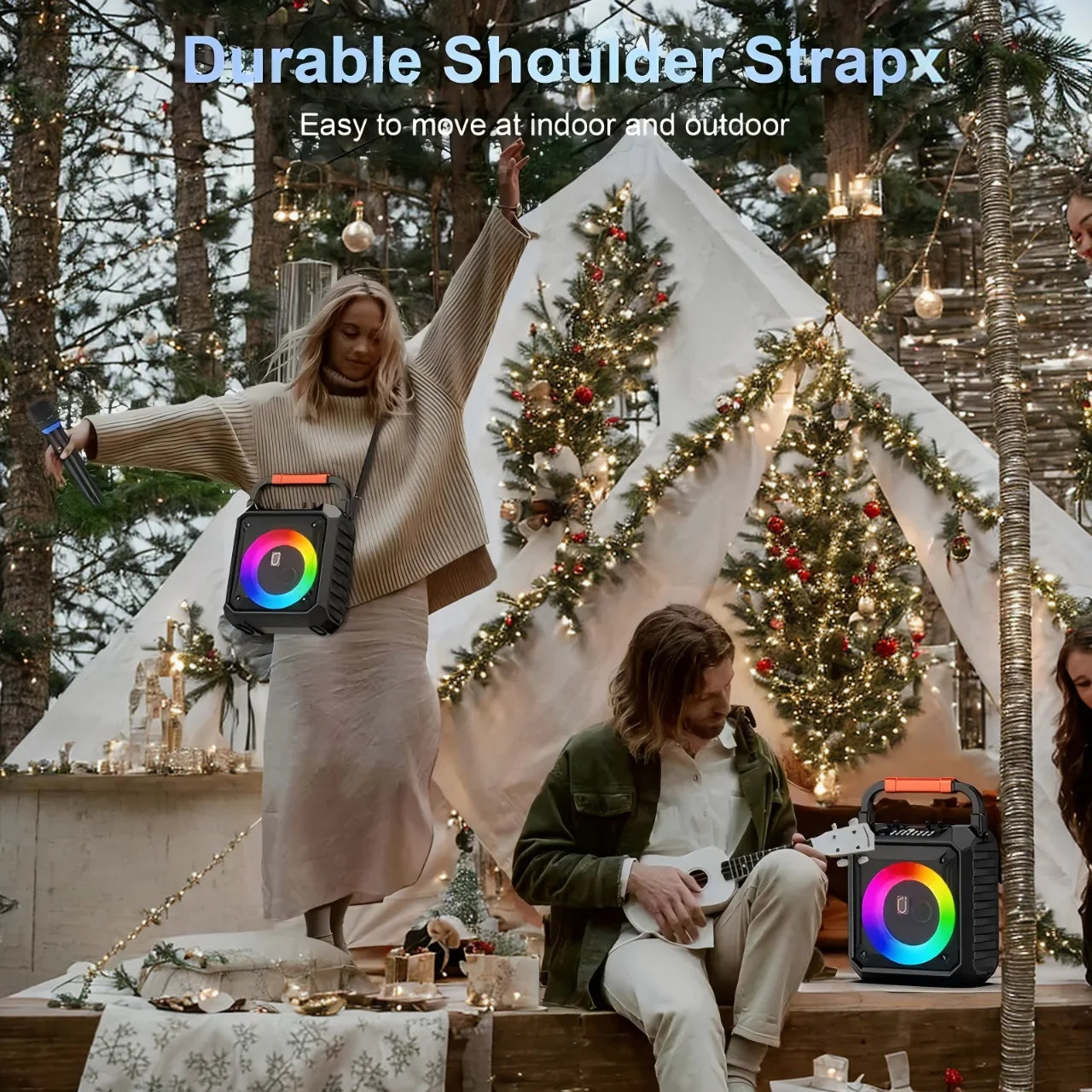 T17 Karaoke Machine with 2 Wireless Microphones Portable Bluetooth Speaker and RGB Colorful Lights